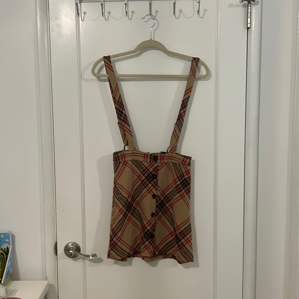 Forever 21 Brown Plaid Button Up Mini Skirt w/ Suspenders Size Small